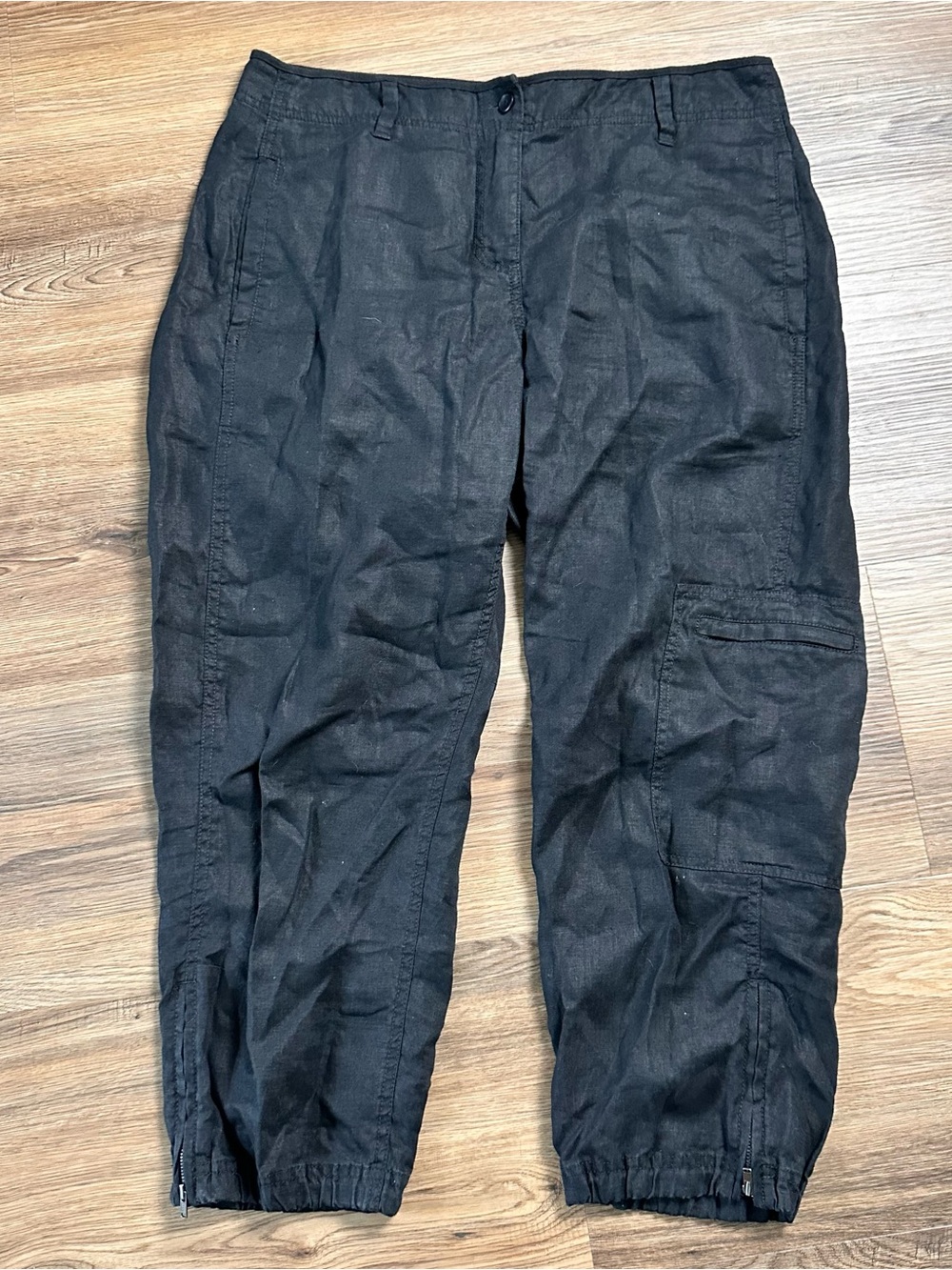 Eileen Fisher 100% Linen Jogger Cargo Pants Black Small Crop Coast Casual Beach